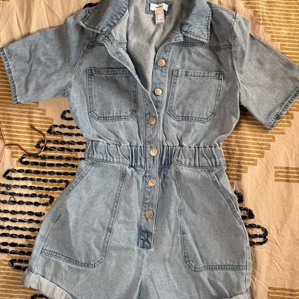 Forever 21 Light Wash Denim Romper with Button Front